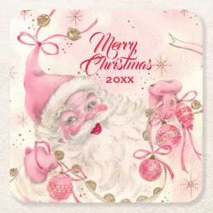 Porta-copo De Papel Quadrado Vintage Retro Pink Santa Clause Férias de Natal