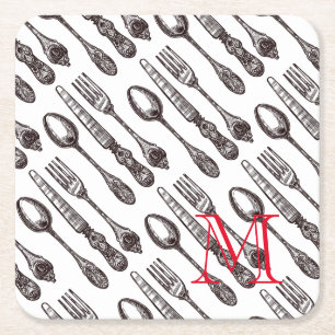 Porta-copo De Papel Quadrado Vintage Silverware Classic Foodie Inicial