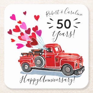 Porta-copo De Papel Quadrado Vintage Truck Hearts Anniversário Adicionar Nomes