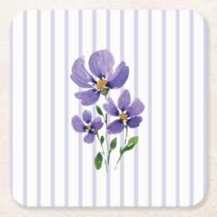 Porta-copo De Papel Quadrado violetas pintadas com aguarela com listras