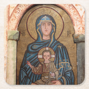 Porta-copo De Papel Quadrado Virgem Maria e Mosaico de Jesus