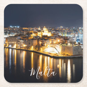 Porta-copo De Papel Quadrado Vista de três cidades em Malta à noite