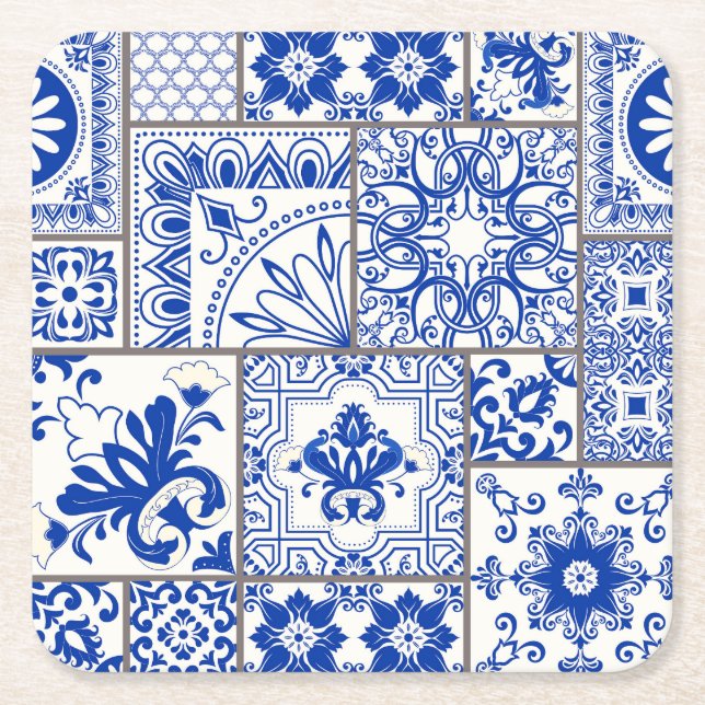 Porta-copo De Papel Quadrado Vitoriano Majolica: Padrão de Azulejo de Patches. (Frente)