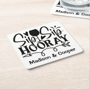 Porta-copo De Papel Quadrado Viva Viva Hurra Casamento Preto Branco Fofo