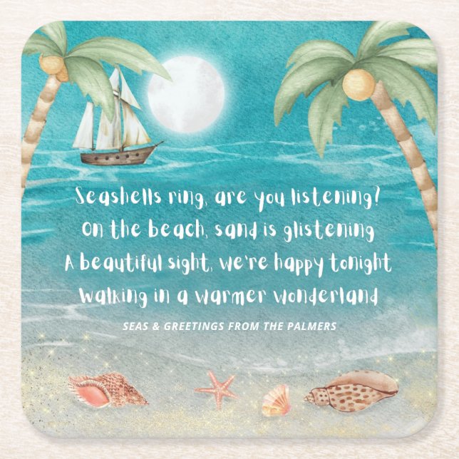 Porta-copo De Papel Quadrado Warmer Wonderland Tropical Beach Christmas (Frente)