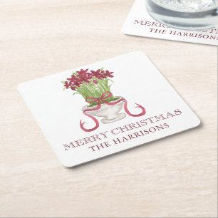 Porta-copo De Papel Quadrado Watercolor Burgundy Amaryllis Natal