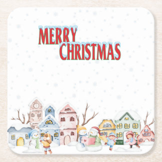 Porta-copo De Papel Quadrado Watercolor Christmas Village Coaster
