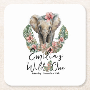 Porta-copo De Papel Quadrado Watercolor Safari Wild One Baby Elephant Aniversár