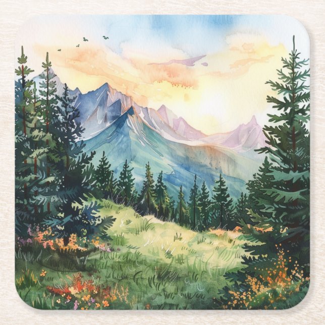 Porta-copo De Papel Quadrado Watercolor Summer Mountain (Frente)