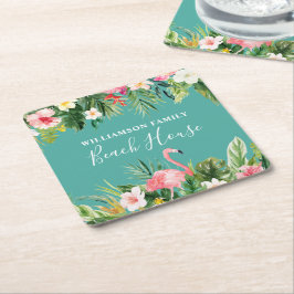 Porta-copo De Papel Quadrado Watercolor Tropical Floral Family Name Beach House