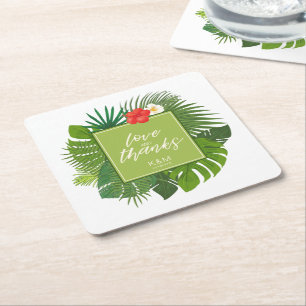 Porta-copo De Papel Quadrado Watercolor Tropical Wedding Obrigados Green ID577