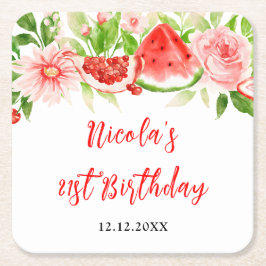 Porta-copo De Papel Quadrado Watermelon and Pomegranate Birthday