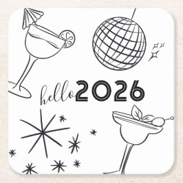 Porta-copo De Papel Quadrado Whimiscal Doodles Hello 2026 New Years Gold