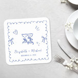 Porta-copo De Papel Quadrado Whimsical Blue Wavy Frame Wedding<br><div class="desc">Romantic coasters for your engagement party,  rehearsal dinner,  wedding reception,  party favors,  etc.,  featuring a french blue wavy frame adorned with coquette bows,  whimsical hand drawn illustrations of a heart,  stars and wine glasses,  and the names of the bride and groom showcased in a playful blue script.</div>