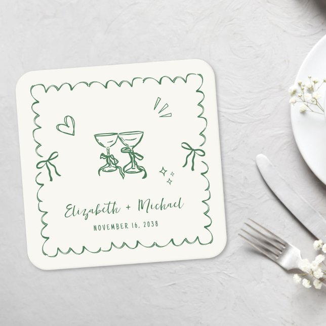 Porta-copo De Papel Quadrado Whimsical Green Wavy Frame Cream Wedding (Whimsical Green Wavy Frame Cream Wedding Square Paper Coaster)
