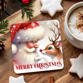 Porta-copo De Papel Quadrado Whimsical Santa Claus Rudolph Holiday Paper Coaste