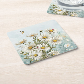 Porta-copo De Papel Quadrado White Daisies e Ladybugs Springtime