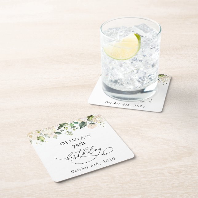 Porta-copo De Papel Quadrado White Flowers, Cream Flowers, Boho, Birthday (Insitu)