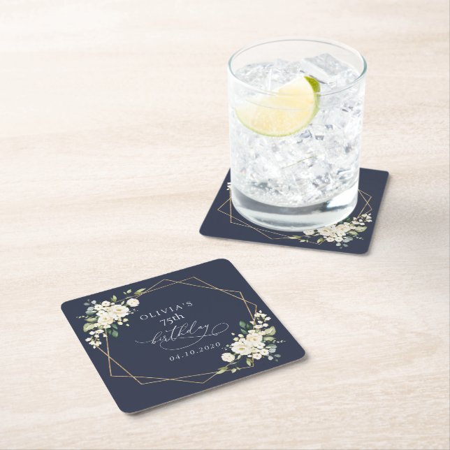 Porta-copo De Papel Quadrado White Flowers, Cream Flowers, Boho, Birthday (Insitu)