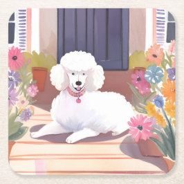 Porta-copo De Papel Quadrado White Poodle | Dog Pet Watercolor Flowers