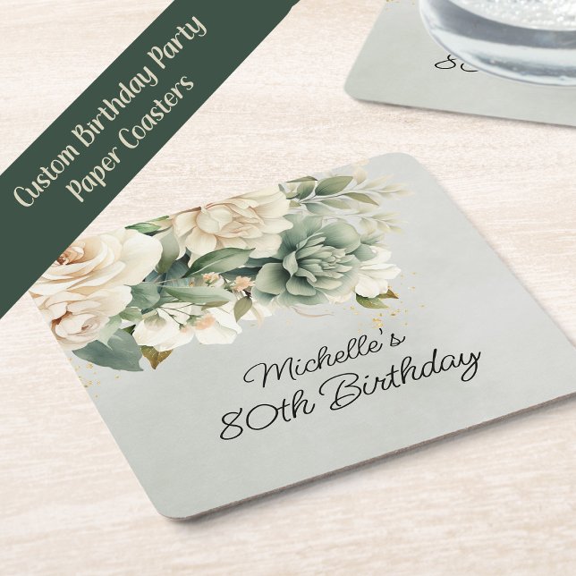 Porta-copo De Papel Quadrado White Sage Green Floral Dourado 80 Aniversário (White and sage green 80th birthday party paper coasters)