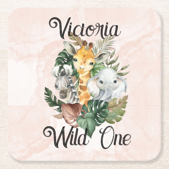 Porta-copo De Papel Quadrado Wild One Safari Animal Girls Primeiro Aniversário (Frente)