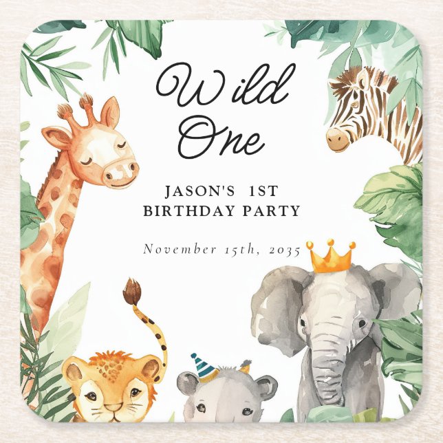 Porta-copo De Papel Quadrado Wille One Safari Birthday (Frente)