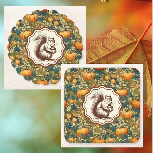 Porta-copo De Papel Quadrado William Morris Autumn Pumpkin com Esquilo Retro (Coasters make a nice hostess gift!)