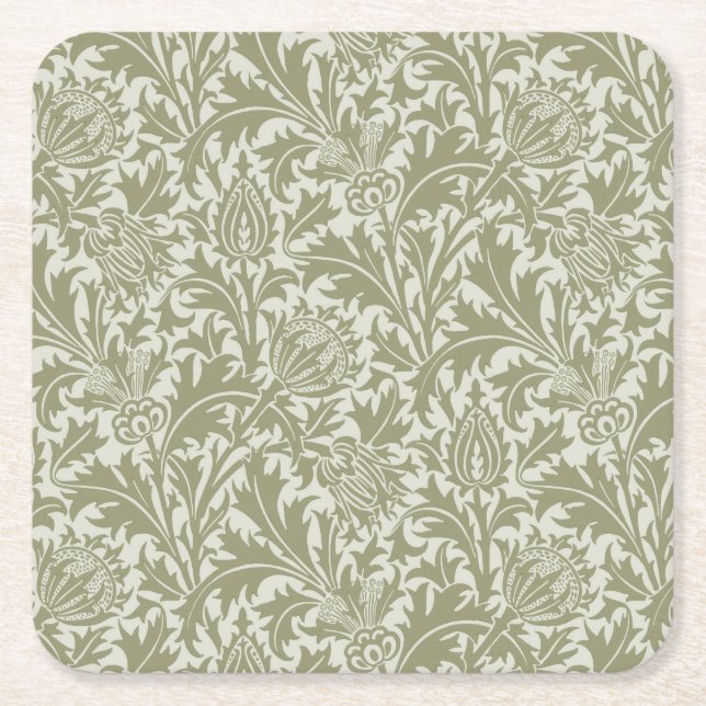 Porta-copo De Papel Quadrado William Morris Thistle Sage - Padrão Verde (Frente)