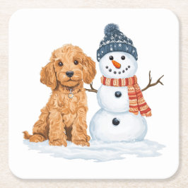 Porta-copo De Papel Quadrado Winter Goldendoodle Dog Cute Snowman