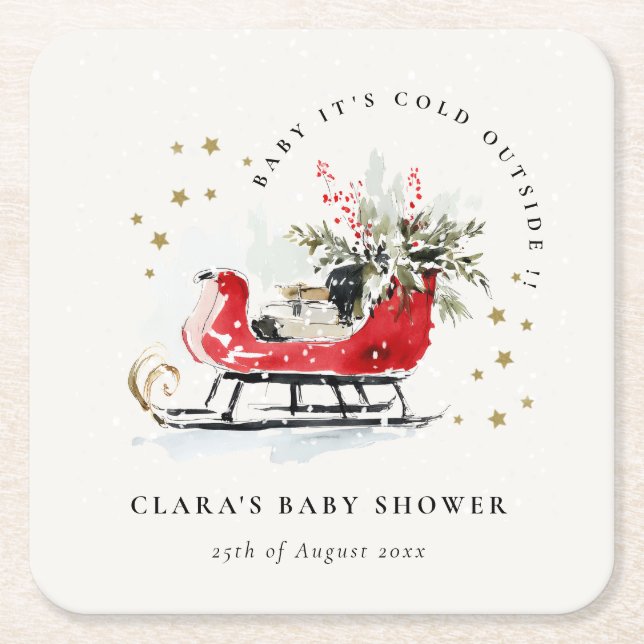 Porta-copo De Papel Quadrado Winter Sleigh Its Cold Outside Neutral Baby Shower (Frente)