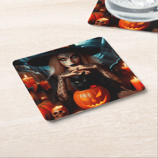 Porta-copo De Papel Quadrado Witch black cat candles Halloween