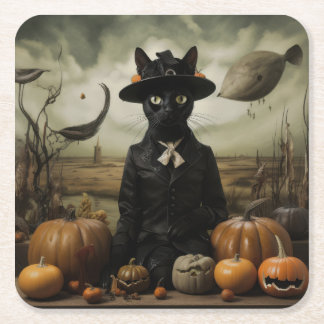 Porta-copo De Papel Quadrado Witch Cat with Pumpkins