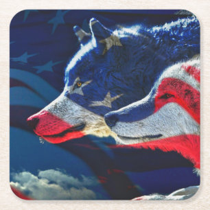 Porta-copo De Papel Quadrado Wolf American Flag Full Moon