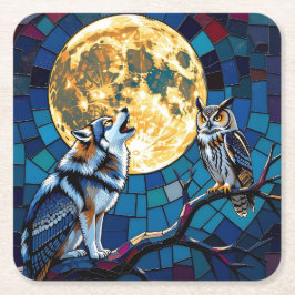 Porta-copo De Papel Quadrado Wolf and Owl Mosaic Art