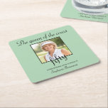 Porta-copo De Papel Quadrado Women's Elegant Photo Tennis 50th Birthday Party<br><div class="desc">Honor a remarkable milestone with this beautifully designed 50th birthday party coaster. The soft green background highlights a replaceable photo, allowing you to personalize it with ease. The elegant script headline, “The queen of the court" and "fifty, ” adds a charming and celebratory feel. Event details are clearly arranged below...</div>