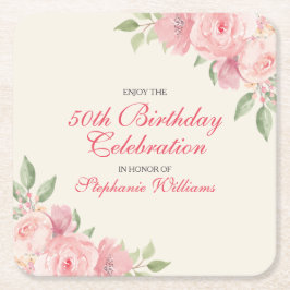Porta-copo De Papel Quadrado Women's Floral Elegant Rose 50th Birthday Party