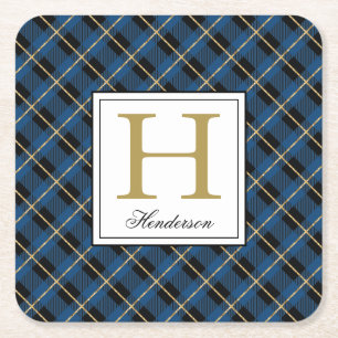 Porta-copo De Papel Quadrado Xadrez Azul Moderno Verificar Acentos Dourados, Mo