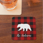 Porta-copo De Papel Quadrado Xadrez e Urso de Buffalo Vermelho | Presente de no<br><div class="desc">Xadrez e Urso de Buffalo Vermelho | Presente de nome pessoal</div>