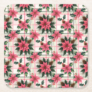 Porta-copo De Papel Quadrado Xadrez Floral de Natal Rosa Rosa Feliz Natal Feliz