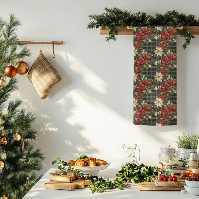 Porta-copo De Papel Quadrado Xadrez Verde Elegante Poinsettia Vermelha Feliz Na (Criador carregado)