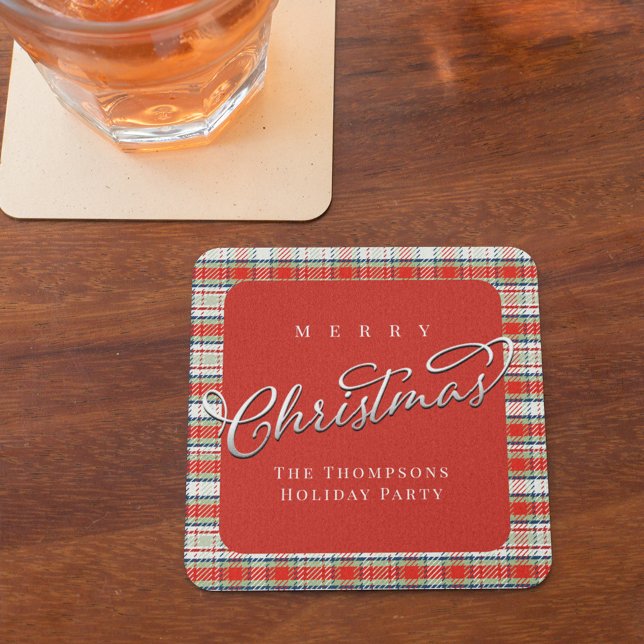 Porta-copo De Papel Quadrado Xadrez Vermelha e Verde Feliz Natal Personalizado (Merry Christmas red and green holiday plaid paper coaster)