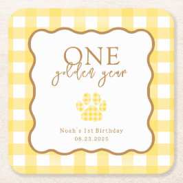 Porta-copo De Papel Quadrado Yellow Gingham One Golden Year First Birthday
