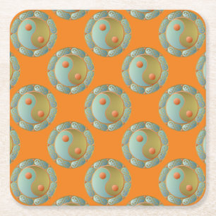 Porta-copo De Papel Quadrado Yin Yang Medallion Dourada Turquoise
