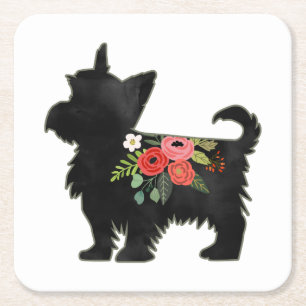 Porta-copo De Papel Quadrado Yorkie Terrier Dog Breed Boho Floral Silhouette