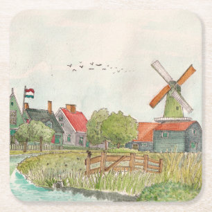 Porta-copo De Papel Quadrado Zaanse Schans Zaandam Países Baixos Watercolor Pos