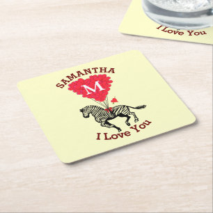 Porta-copo De Papel Quadrado zebra monograma e coração vermelho personalizado