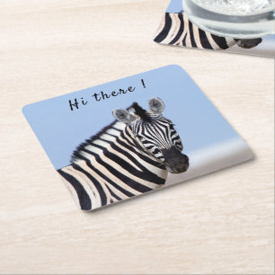 Porta-copo De Papel Quadrado Zebra olhando para você com texto de foto azul do 