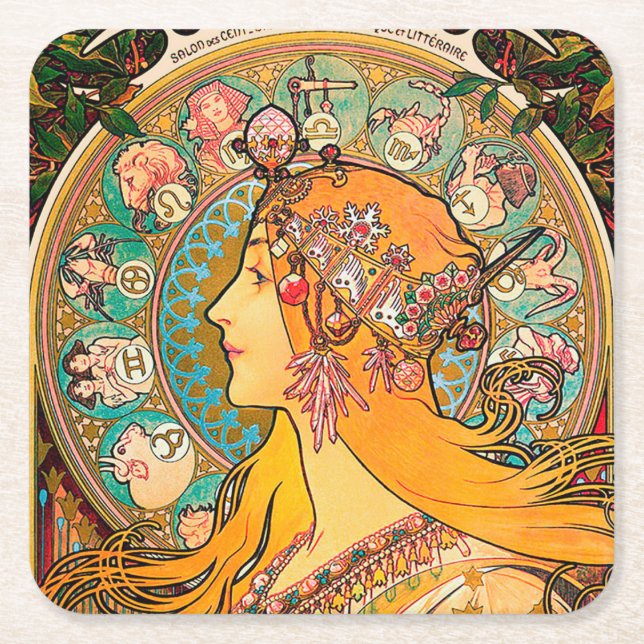 Porta-copo De Papel Quadrado Zodiac, Mucha (Frente)