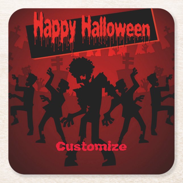 Porta-copo De Papel Quadrado Zombie Dance Party Feliz Halloween (Frente)